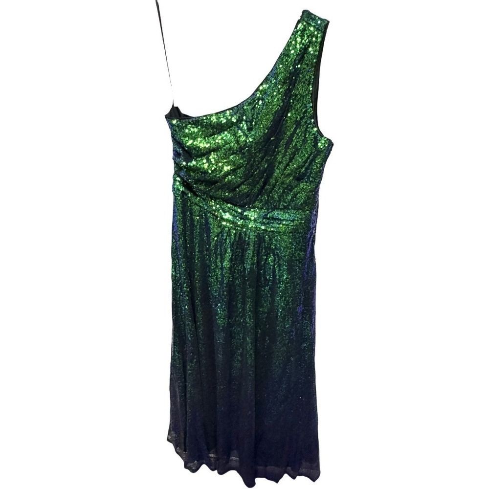 Kate Kasin Mermaid One Shoulder Green Sequin Gown Formal Bridal Wedding Size 16